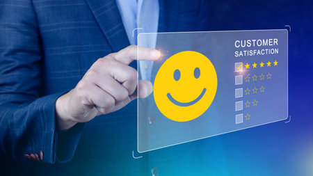 User gives rating to service experience on online application, Customer review satisfaction feedback survey concept, Customer can evaluate quality of service leading to reputation ranking of business.の写真素材
