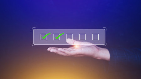 Businessman tick correct sign mark for document approve , project acceptance and quality assurance concept, take an assessment, questionnaire, evaluation, online survey online exam check listの写真素材