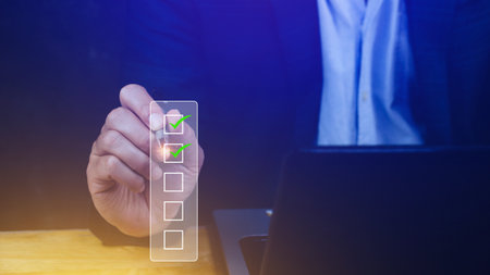 Businessman tick correct sign mark for document approve , project acceptance and quality assurance concept, take an assessment, questionnaire, evaluation, online survey online exam check listの写真素材