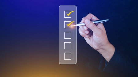 Businessman tick correct sign mark for document approve , project acceptance and quality assurance...
