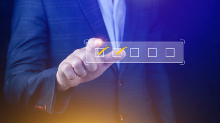Businessman tick correct sign mark for document approve , project acceptance and quality assurance concept, take an assessment, questionnaire, evaluation, online survey online exam check listの写真素材