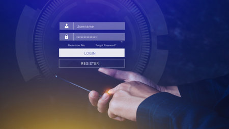 cyber security and Security password login online concept Hands typing and entering username and password of social media, login with smartphone to online bank account, data protection hackerの写真素材