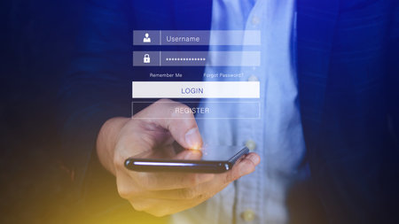 cyber security and Security password login online concept Hands typing and entering username and password of social media, login with smartphone to online bank account, data protection hackerの写真素材