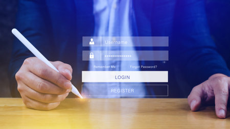 cyber security and Security password login online concept Hands typing and entering username and...