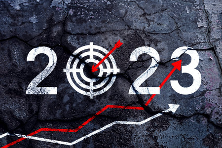 New year 2023 or straight forward target icon concept. Text 2023 text written with broken cement...