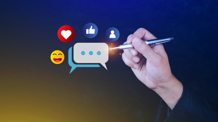 Social media and digital online marketing concept, The concept of living on vacation and playing social media. Social Distancing, Working From Home concept.の写真素材