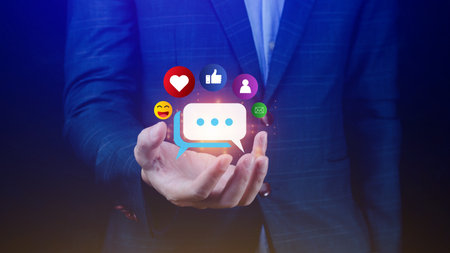 Social media and digital online marketing concept, The concept of living on vacation and playing social media. Social Distancing, Working From Home concept.の写真素材