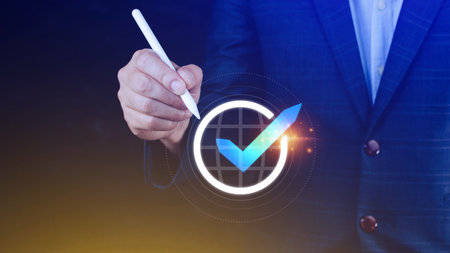 Quality Assurance Control Standards, Hand shows the sign of the top service Quality assurance, Guarantee, Standards, ISO certification and standardization concept.の写真素材