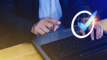 Quality Assurance Control Standards, Hand shows the sign of the top service Quality assurance, Guarantee, Standards, ISO certification and standardization concept.の写真素材