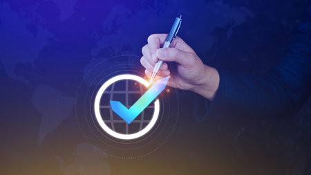 Quality Assurance Control Standards, Hand shows the sign of the top service Quality assurance, Guarantee, Standards, ISO certification and standardization concept.の写真素材