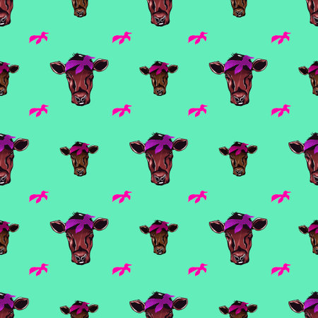 Seamless pattern heads cow cartoon isolated on green background.textile fabric print illustration used for backgroundの写真素材