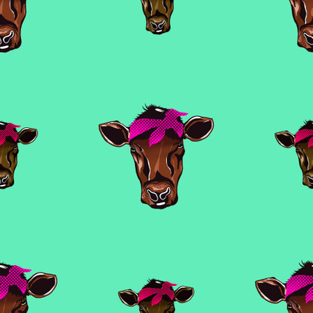 Seamless pattern heads cow cartoon isolated on green background.textile fabric print illustration used for backgroundの写真素材