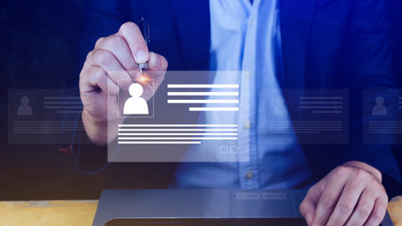 Human resources manager choosing professional profile to hire on virtual screen interface,...
