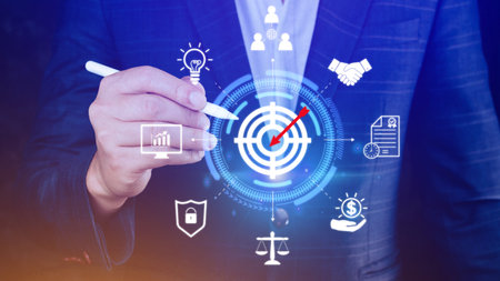 Businessman touching virtual dartboard with arrow icon virtual screen, Digital target marketing advertising and sales increase business technology concept, online marketing, Business online.の写真素材