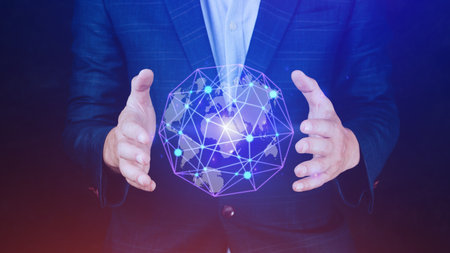 Businessman hands holding with virtual global connection concept, grow earth and global online networking connection with data exchanges, global communication network security concept.の写真素材