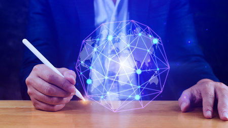 Businessman hands touching with virtual global connection concept, grow earth and global online networking connection with data exchanges, global communication network security concept.の写真素材