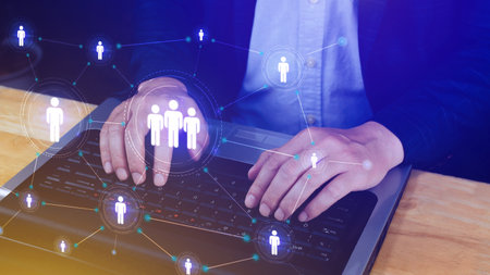 Human resources, HR management, employment, headhunting concept, Businessman pressing modern social buttons on a virtual backgroundの写真素材