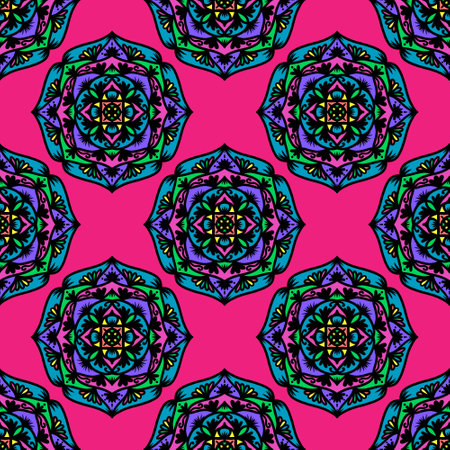 Seamless pattern flower with mandala, vintage decorative elements, vintage decorative elements illustration, Ethnic mandala with colorful tribal ornaments,colorful flower patternの写真素材