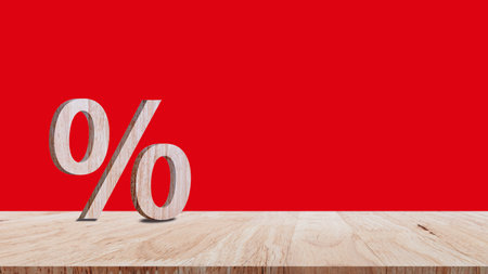 Close-up of percent sign leaning on wooden table, Percentage Sign And Discount Rate. Accountant VAT Tax Concept.の写真素材