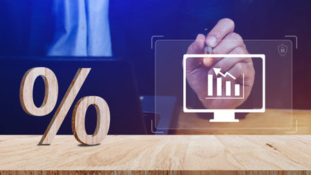 Close-up of percent sign leaning on wooden table, Percentage Sign And Discount Rate. Accountant VAT...