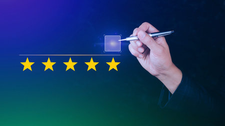 5 star rating. Businessman customer giving five star rating, Review, Service rating, Satisfaction,...