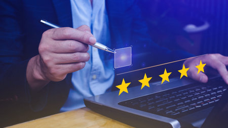 5 star rating. Businessman customer giving five star rating, Review, Service rating, Satisfaction,...