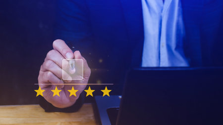 5 star rating. Businessman customer giving five star rating, Review, Service rating, Satisfaction,...