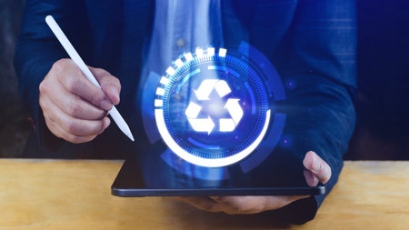 Businessman hand touching recycle icon concept in screen, for environmental, social and governance...