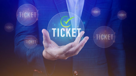 Businessman holding with button Ticket word, Business, Technology, internet and networking concept...