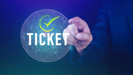 Businessman touching with button Ticket word, Business, Technology, internet and networking concept businessman pressing online booking button on virtual screens.の写真素材