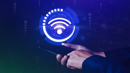 Businessman using smartphone with wifi icon. Social network business communication concept, Wifi wireless concept free network Internet concept.の写真素材