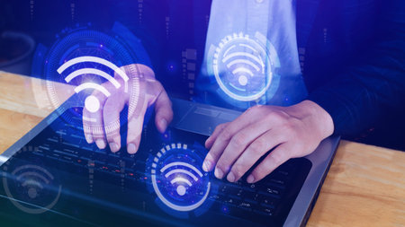 Businessman using touching with wifi icon. Social network business communication concept, Wifi...