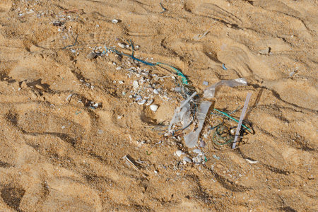 Plastic bag are left on the beach as waste polluting nature, Plastic is hard to degrade, destroy the...