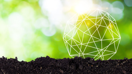 Earth Environment Day. Soil with Global network and connection with bokeh sunlight green nature...