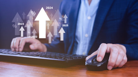 Interest rate and dividend concept, Businessman with percentage symbol and up arrow, 2024, Interest...