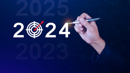 2024 new year goal plan action, Business plan and strategies, Annual plan and development for achieving golas, Goal achievement and success in 2024, Businessman touch 2024 business target icon.の写真素材