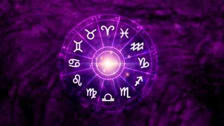 Concept of astrology and horoscope, person inside a zodiac sign wheel, Astrological zodiac signs inside of horoscope circle, Astrology, knowledge of stars in the sky, power of the universe concept.の写真素材