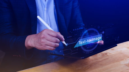 Ai tech Text to image, virtual graphic with AI, Artificial Intelligence, using command prompt for generates something, Futuristic technology transformation.の写真素材