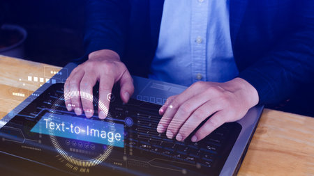 Ai tech Text to image, virtual graphic with AI, Artificial Intelligence, using command prompt for generates something, Futuristic technology transformation.の写真素材