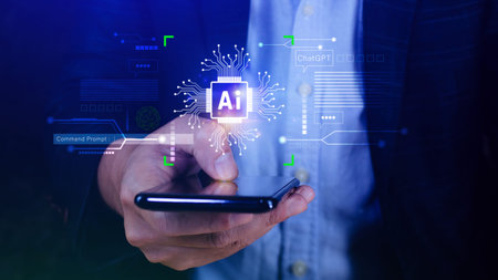 Ai tech, Businessman using virtual graphic Global Internet connect Chatgpt Chat with AI, Artificial...