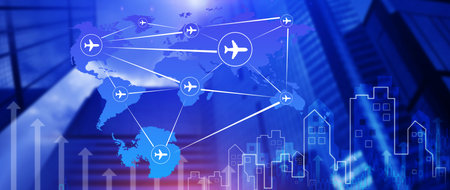 Airplane Aviation Industry concept, Flight booking networking, light blue world map with flight...