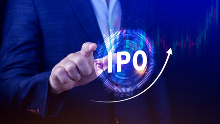 IPO, Initial public offering concept, Businessman with virtual IPO word with stock graph for...