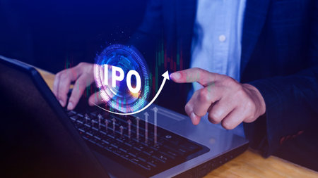 IPO, Initial public offering concept, Businessman with virtual IPO word with stock graph for...