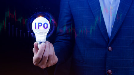 IPO, Initial public offering concept, Businessman with virtual IPO word with stock graph for...
