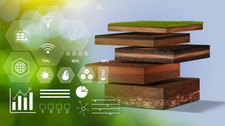 Isometric Soil Layers diagram with infographics, Smart farming and precision agriculture 4.0 with visual icon, digital technology agriculture and smart farming concept.の写真素材