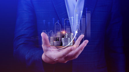 Real estate investment marketing analysis, Stack of coins with graph of business growth, Planning to...
