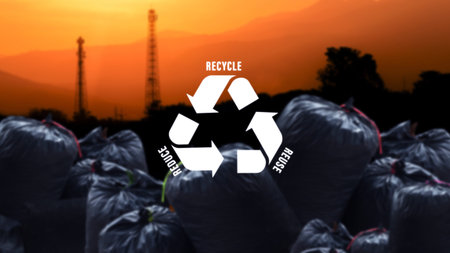 Reduce, reuse, recycle symbol on black garbage bags of rubbish on industry background, ecological...