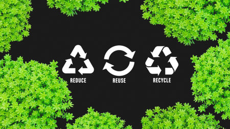 Reduce, reuse, recycle symbol on green plants background, ecological metaphor for ecological waste management and sustainable and economical lifestyle.の写真素材