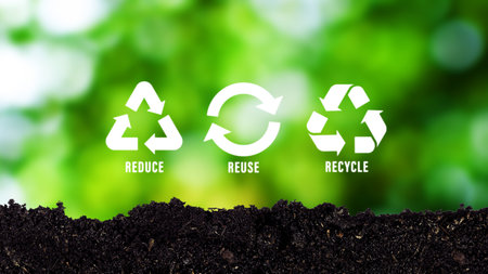 Reduce, reuse, recycle symbol on green bokeh background. Ecological and save the earth concept, An ecological metaphor for ecological waste management and sustainable.の写真素材