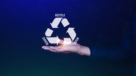 Reduce, reuse, recycle symbol with Using touching virtual touchscreen interface background, ecological metaphor for ecological waste management and sustainable and economical lifestyle.の写真素材